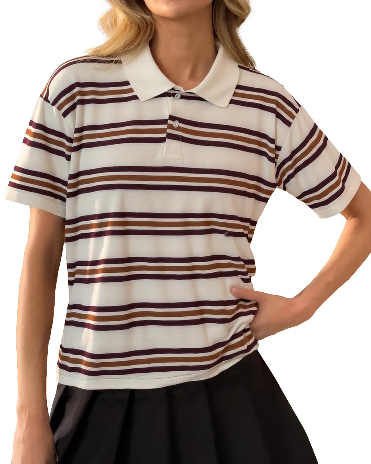 Women Y2K Rugby Polo Shirt Short Sleeve Striped Button Up Lapel Neck Tee Tops Loose Fit Preppy Aesthetic Outfits