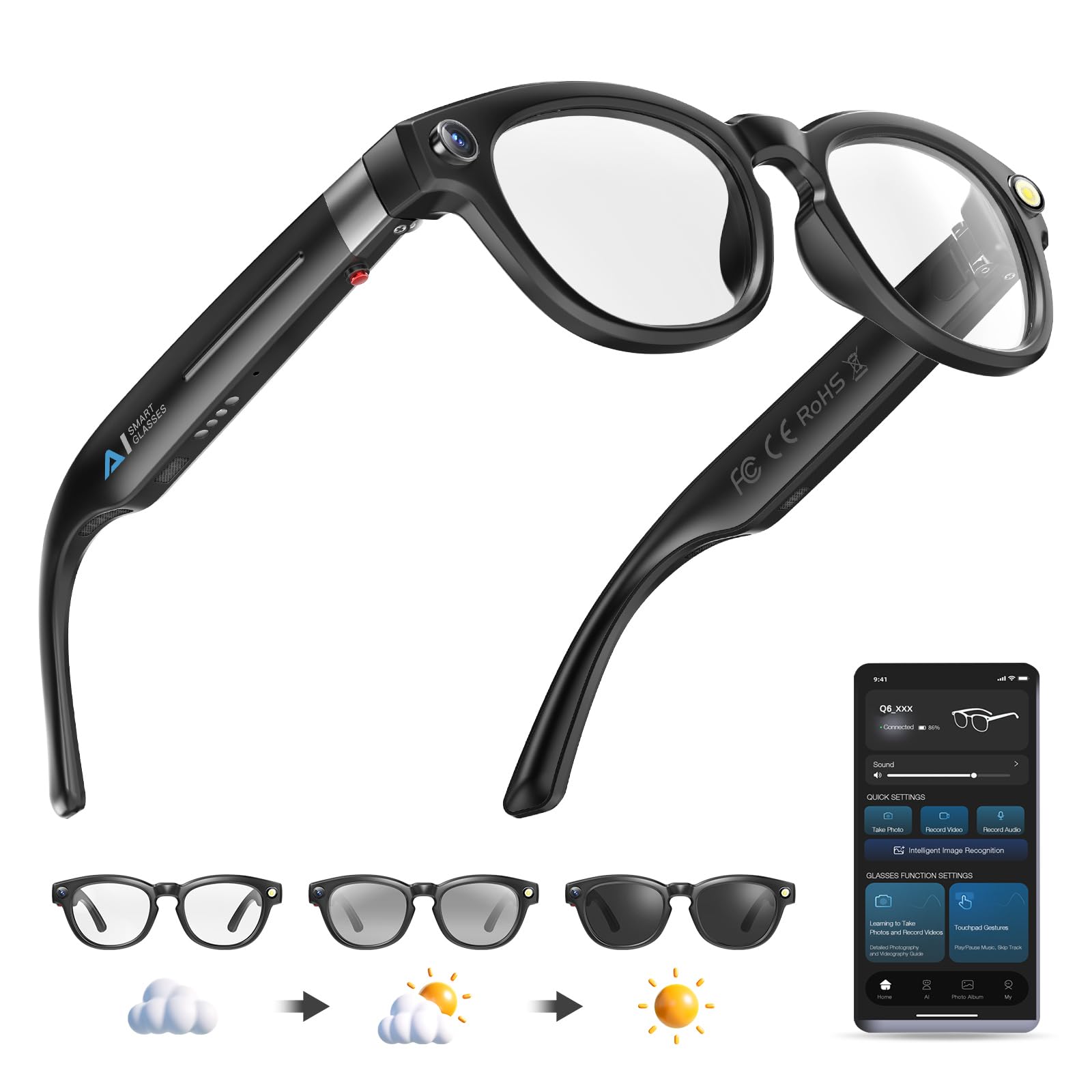 AI Smart Glasses with 4K Camera Flash Light Bluetooth Hands-Free Video Recording Sunglasses Real-Time Translator for 100 Languages
