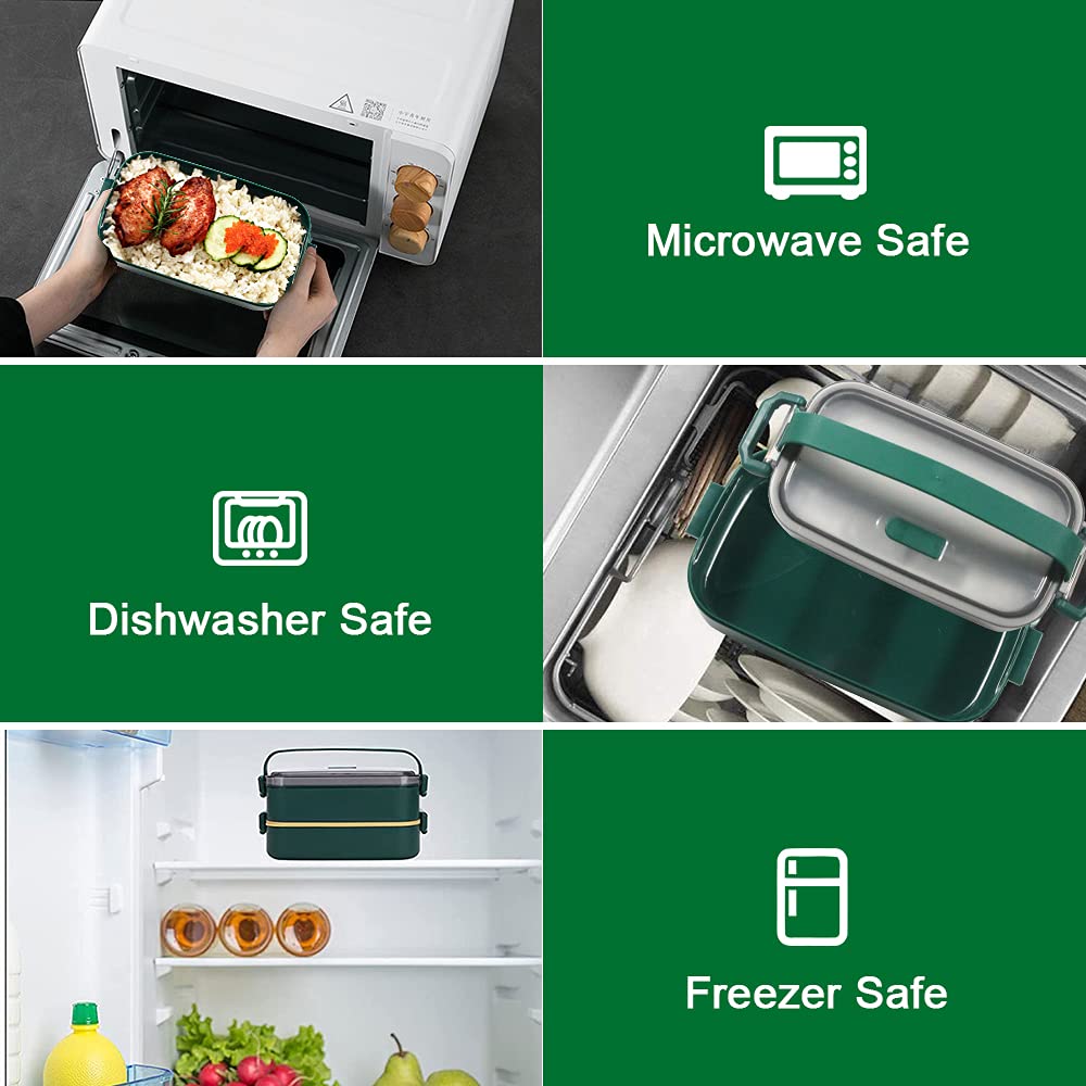 Lunch Box Kit, 1600ml Ermetico Porta Pranzo con Borsa Termica, Schiscetta Pranzo Microonde Contenitore Pranzo per Adulti Ufficio Picnic Scuola(Verde)