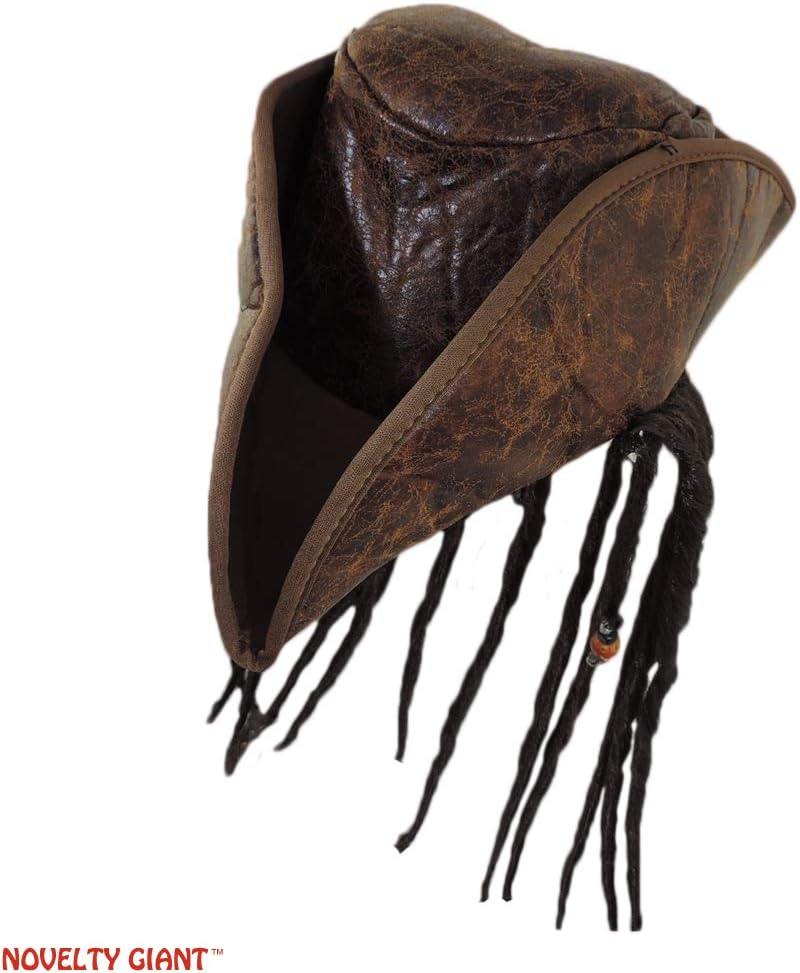 Distressed Brown Caribbean Pirate Costume Tri-Corn Hat Adult with Dreadlocks & Eye Patch - Image 2