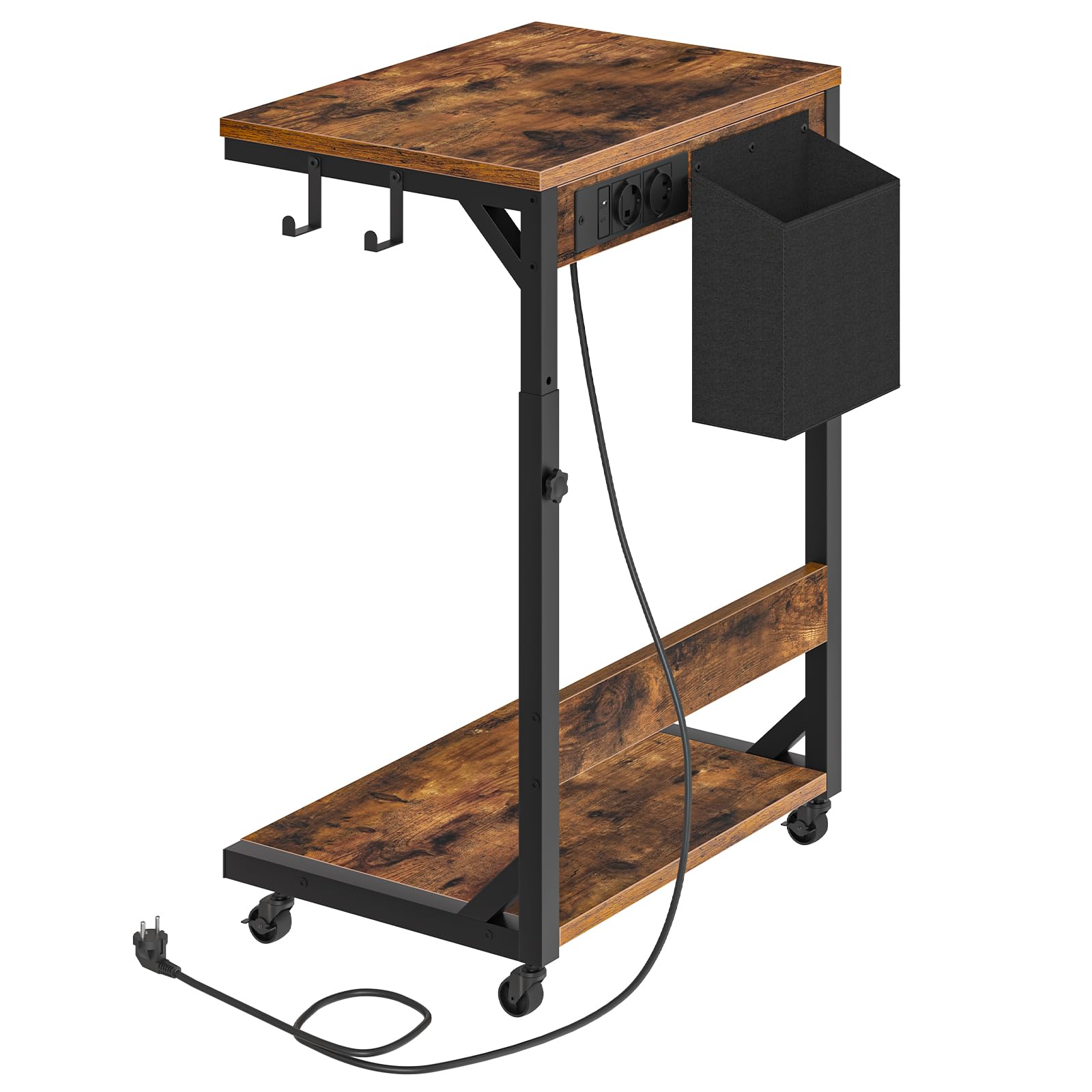 HOOBRO Supporto per Computer e Stampante con Prese di Ricarica, Ruote e Altezza Regolabile, Mobiletto con 2 Ganci e Tasca in Tessuto, per Soggiorno e Ufficio, Marrone Vintage e Nero EBF02CZJ01