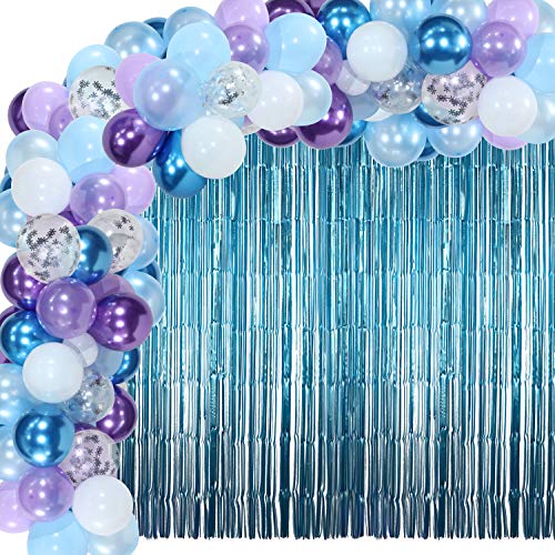110 Pieces Winter Balloons Garland Arch Snowflake Confetti Balloons with 2 Metallic Tinsel Foil Fringe Curtains Winter Party Decoration Supplies for Frozen Themed Birthdays Party, Baby Showers
