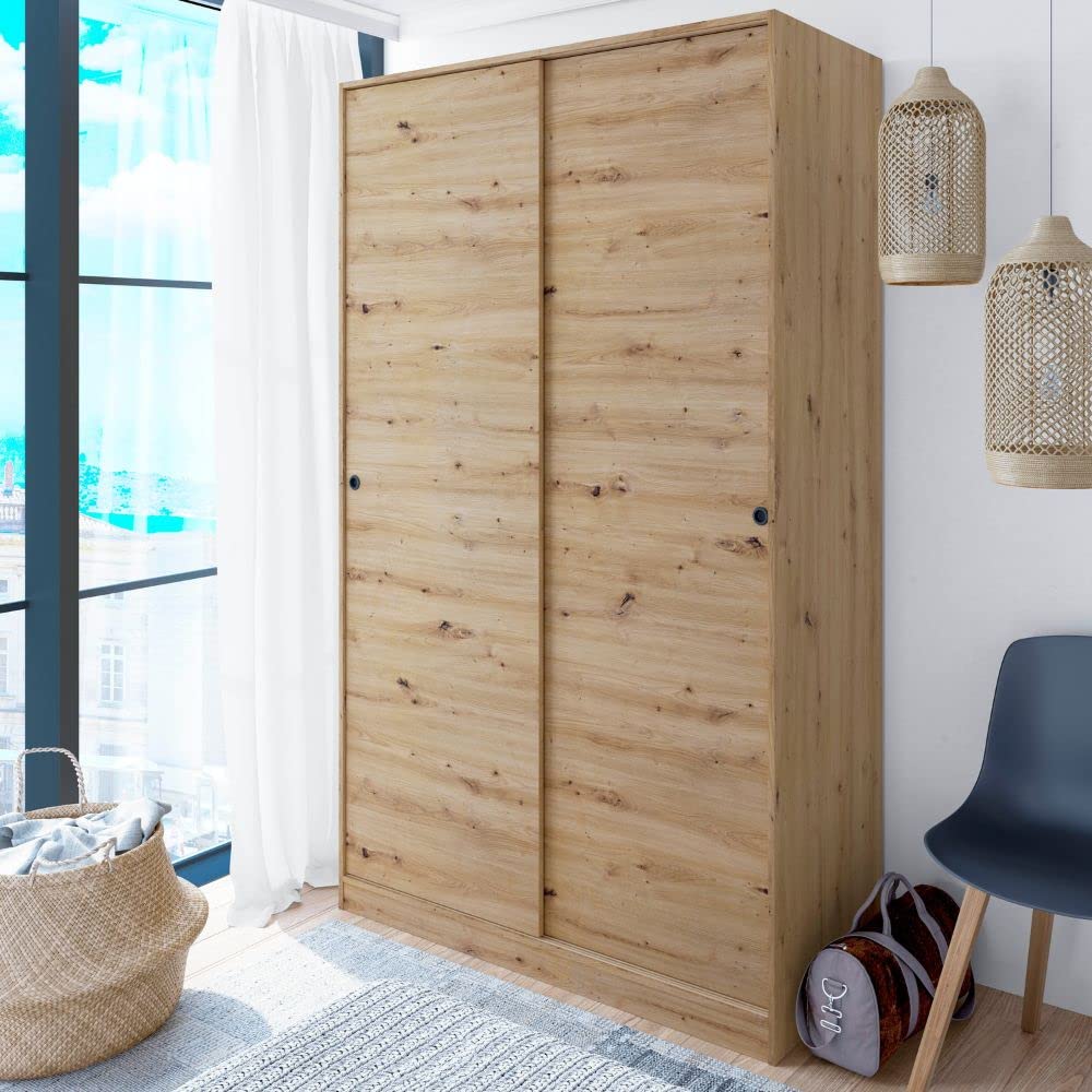 Mobelcenter, Armario 2 Puertas Correderas, Armario Matrimonio o Juvenil con 4 estantes y Barra de Colgar, Acabado Color Roble Nodi, Medidas: Ancho: 120 cm x Fondo: 50 cm x Alto: 200 cm (1385)