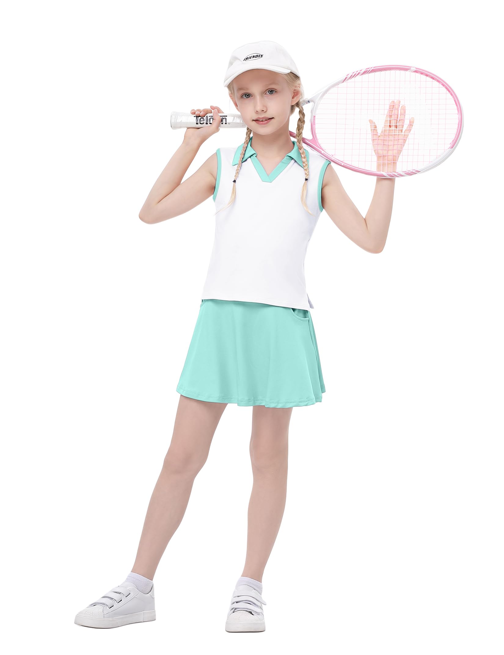 Tennis-/Golfkleid für Kinder, Mädchen, ärmelloses Kleid mit Taschen, athletische Skorts und Polo-Tank-Top-Sets