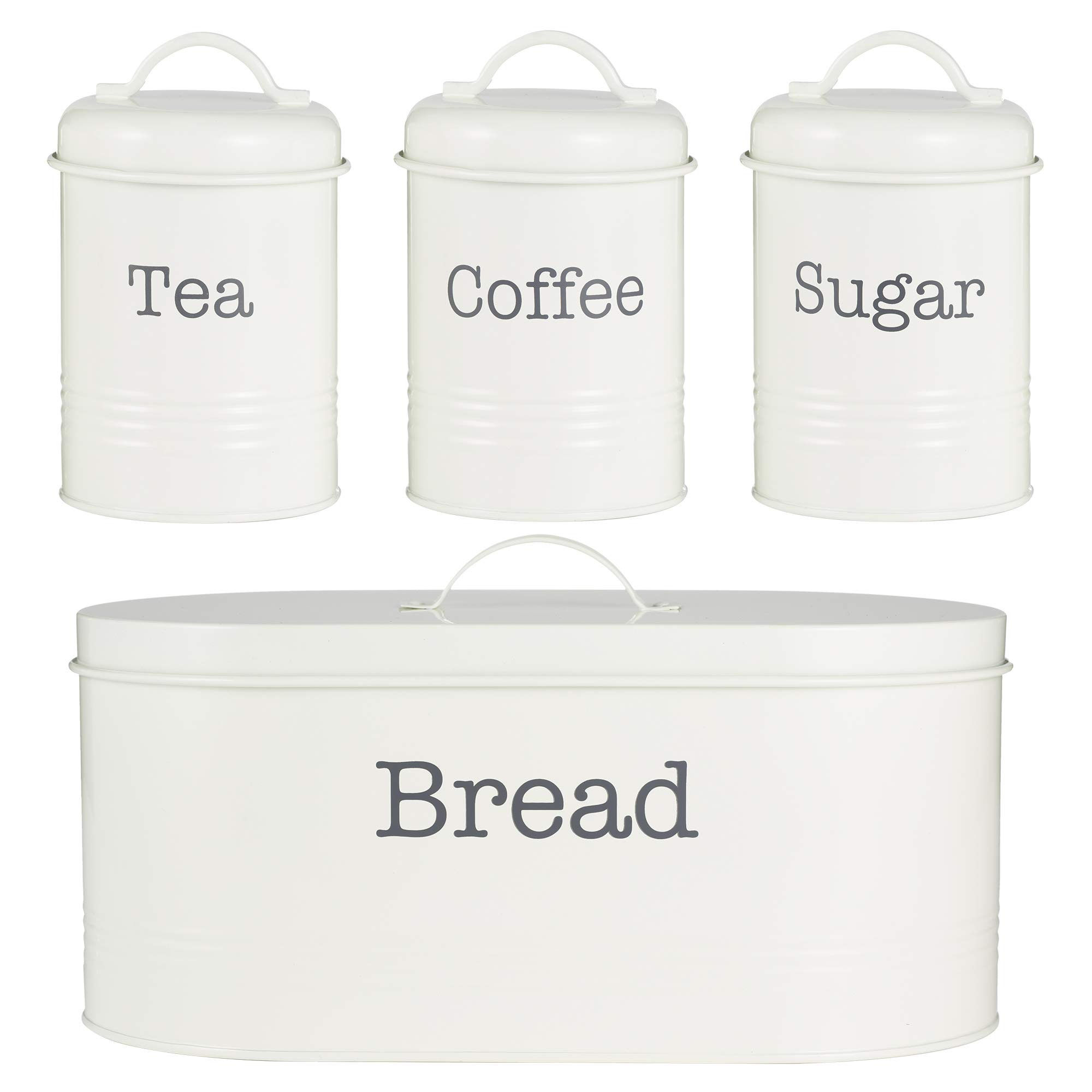 Canister Set Cream Coated Ribbed Steel Bread Tea Coffee Sugar Airtight Storage