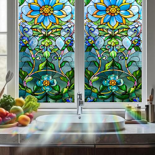 Image of Nuxovilar Sparkle Colorful Floral Flower Window Film 17.7x39.4 PVC | Colorful Flower, Floral Cling bright blossom sticker, elegant glass wrap for bedroom living room home (Floral)