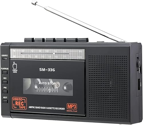 Reproductor de casete y grabadora portátil convertidor digital de cinta de casete a MP3 con radio AM FM compatible con tarjeta USB y micro SD