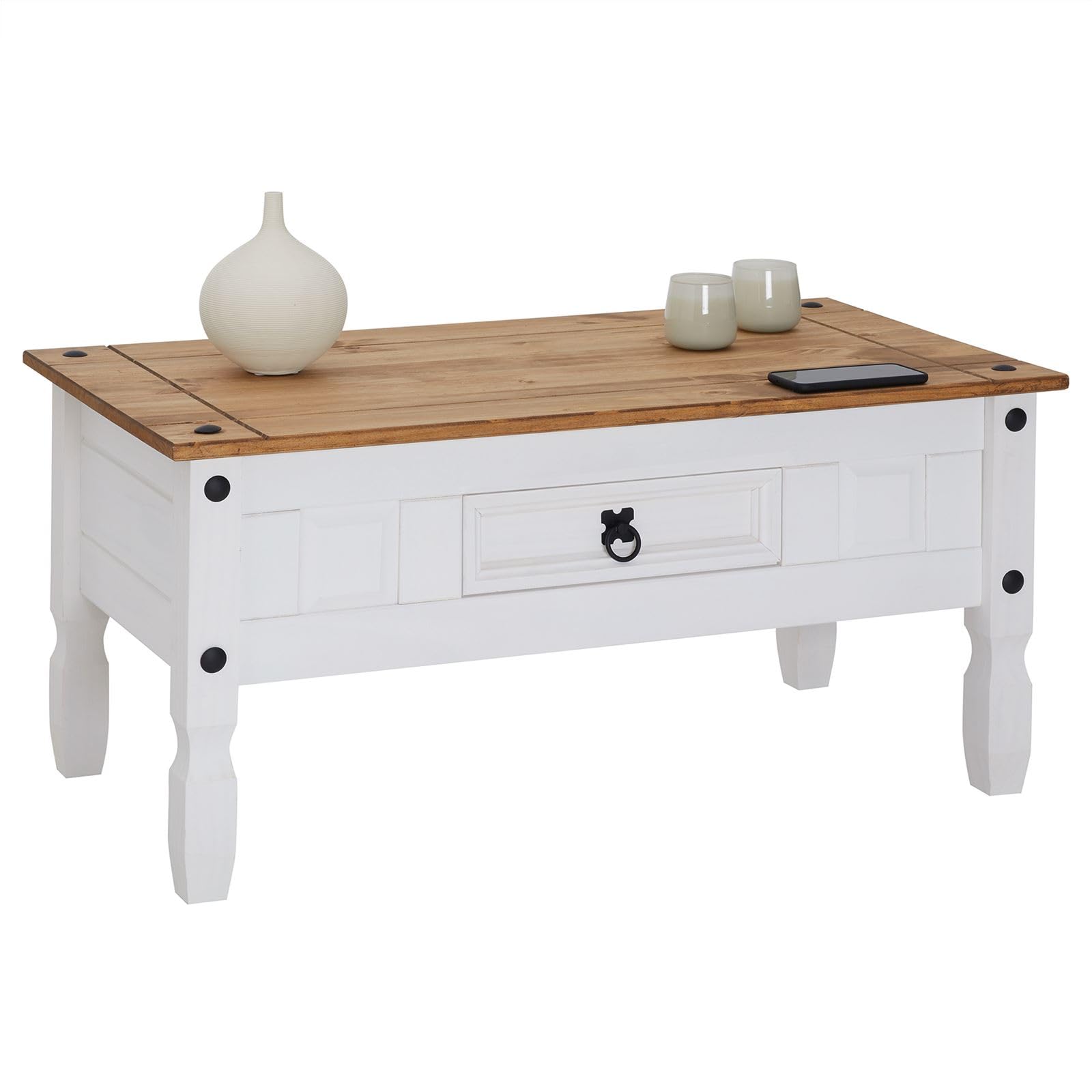 CARO-Möbel Couchtisch Campo im Mexiko-Stil Wohnzimmertisch Beistelltisch Kiefer massiv, braun/weiß lackiert mit 1 Schublade