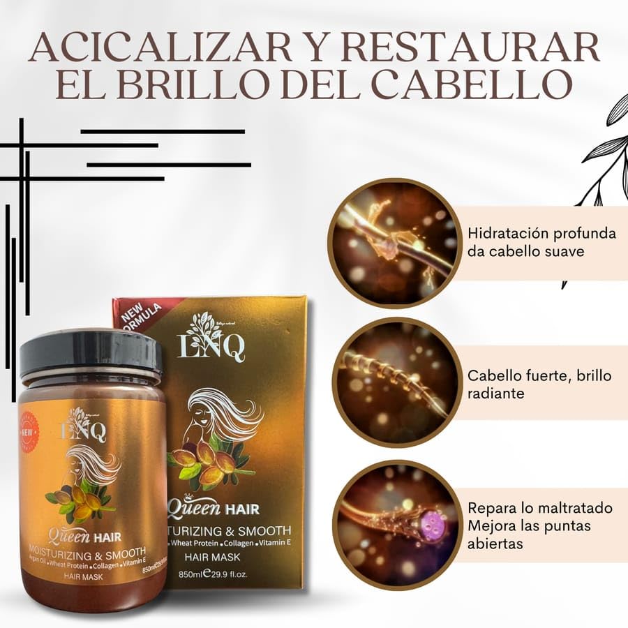 Keratina Capilar La Reina del Cabello - Argan Hair Oil Mask – 850 ml – Con Argán, Colágeno, Proteína de Trigo y Vitamina E – Sin Sal ni Parabenos – Hidratación y Alisado Profundo