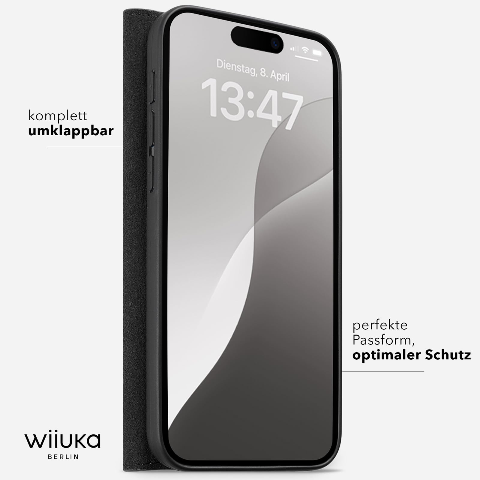 WIIUKA Hülle für iPhone 17, Leder aus Deutschland, mit Kartenfach, extra Dünn, Handyhülle mit Standfunktion, Tasche, Klapphülle, suiit, Schwarz