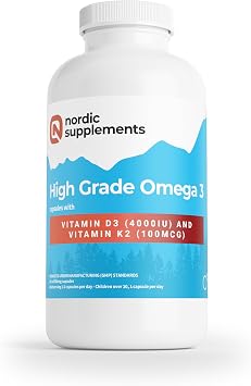 Nordic Supplements  Omega 3 Fish Oil 1000mg with Vitamin D3 4000IU & K2 MK-7 100 g   High Strength Triple Formula for Heart, Brain, Vision, Immune & Bone Health   365 Capsules   Burp-Free & Ultra-Pure