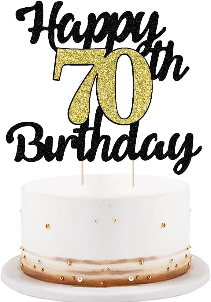 LVEUD happy birthday cake topper Black Font Golden Numbers 70th birthday happy Cake Topper -Birthday Party Decorations (70th)