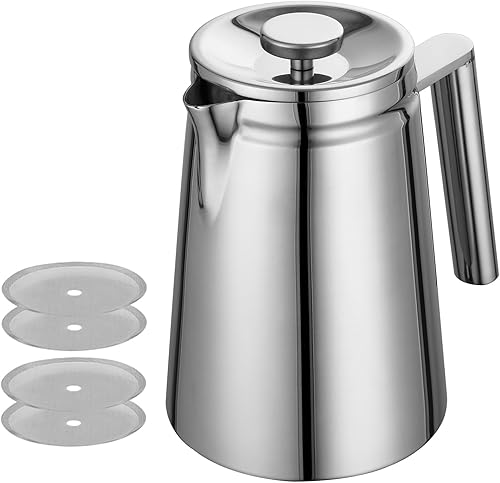 Meelio Cafetera pequeña de prensa francesa, prensa francesa con aislamiento de doble pared, acero inoxidable, incluye 4 fliters adicionales (27.1 fl