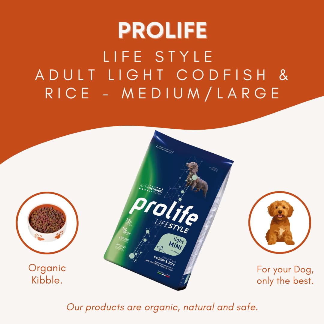 Prolife Perro Life Style Adult Light Codfish & Rice – Mini alimento seco completo para perros adultos con sobrepeso de talla pequeña, producto libre de gluten, 1 paquete de 7 kg