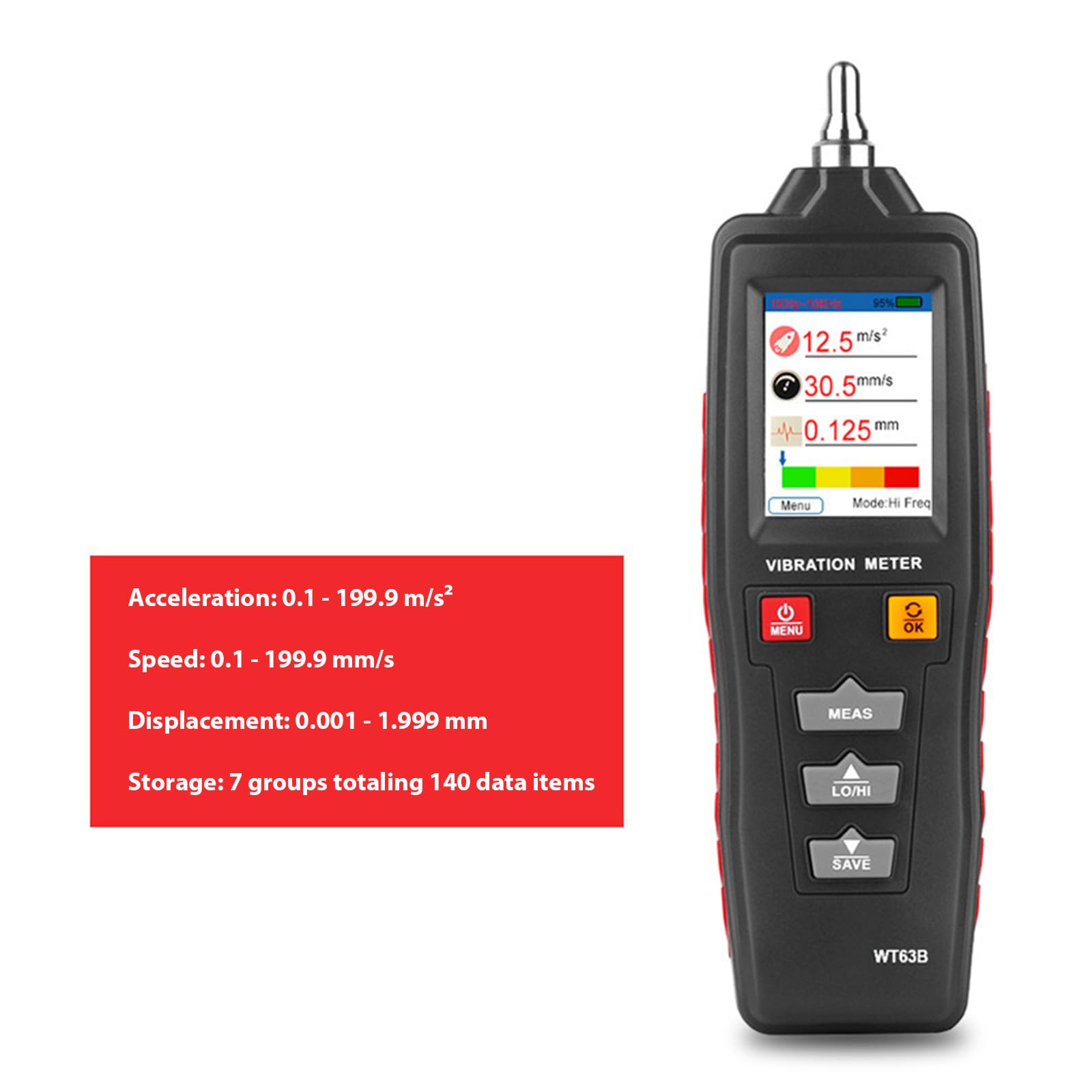 Vibrometro digitale per diagnostica meccanica, inclusi sensori montati su filettatura e tester di costruzione ABS resistente all'usura