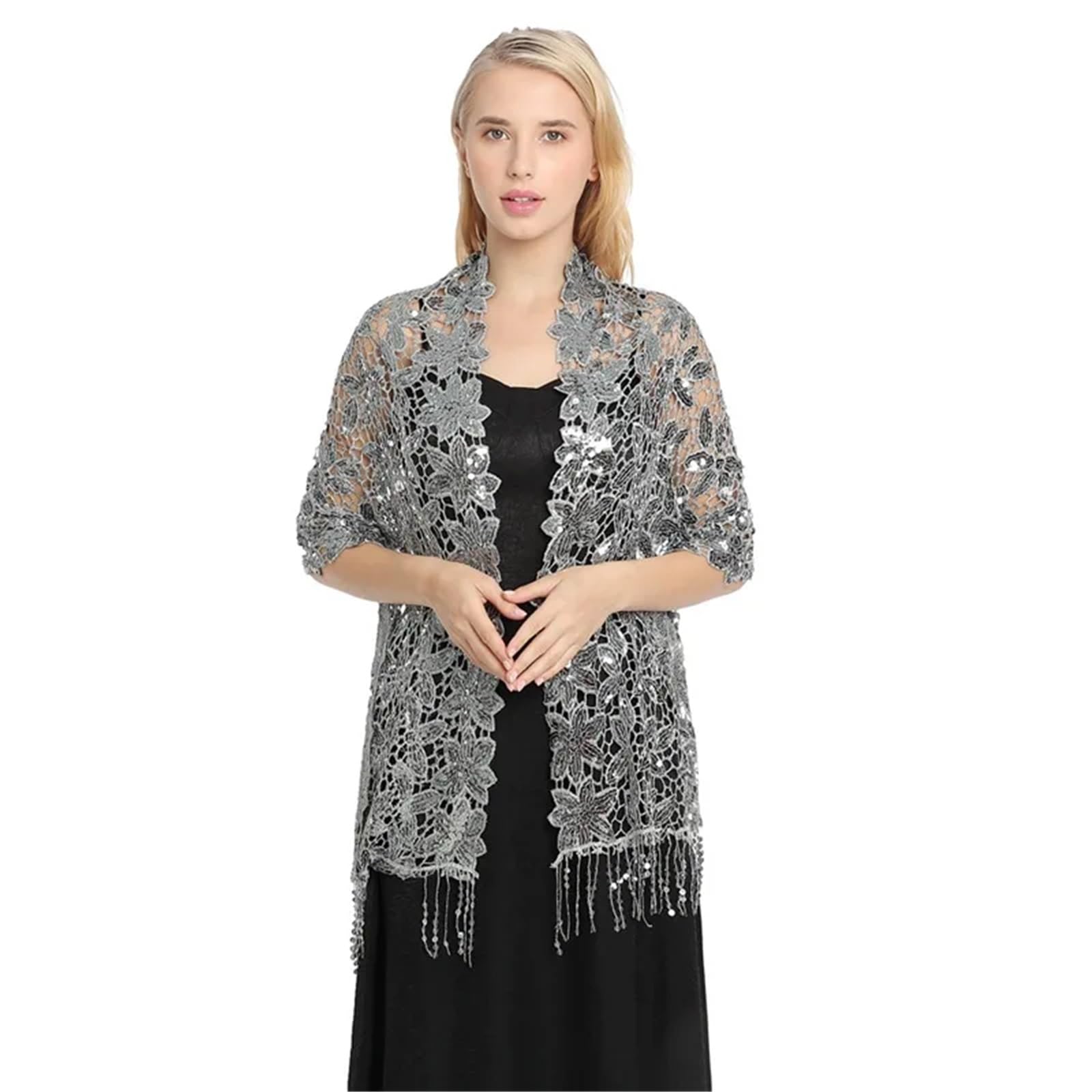 Chal Boda para Mujer Vestido Formal con Capas de Chal Floral de Encaje for Mujer de Boda Transparente for Fiesta de Novia con Lentejuelas Doradas(Gray)