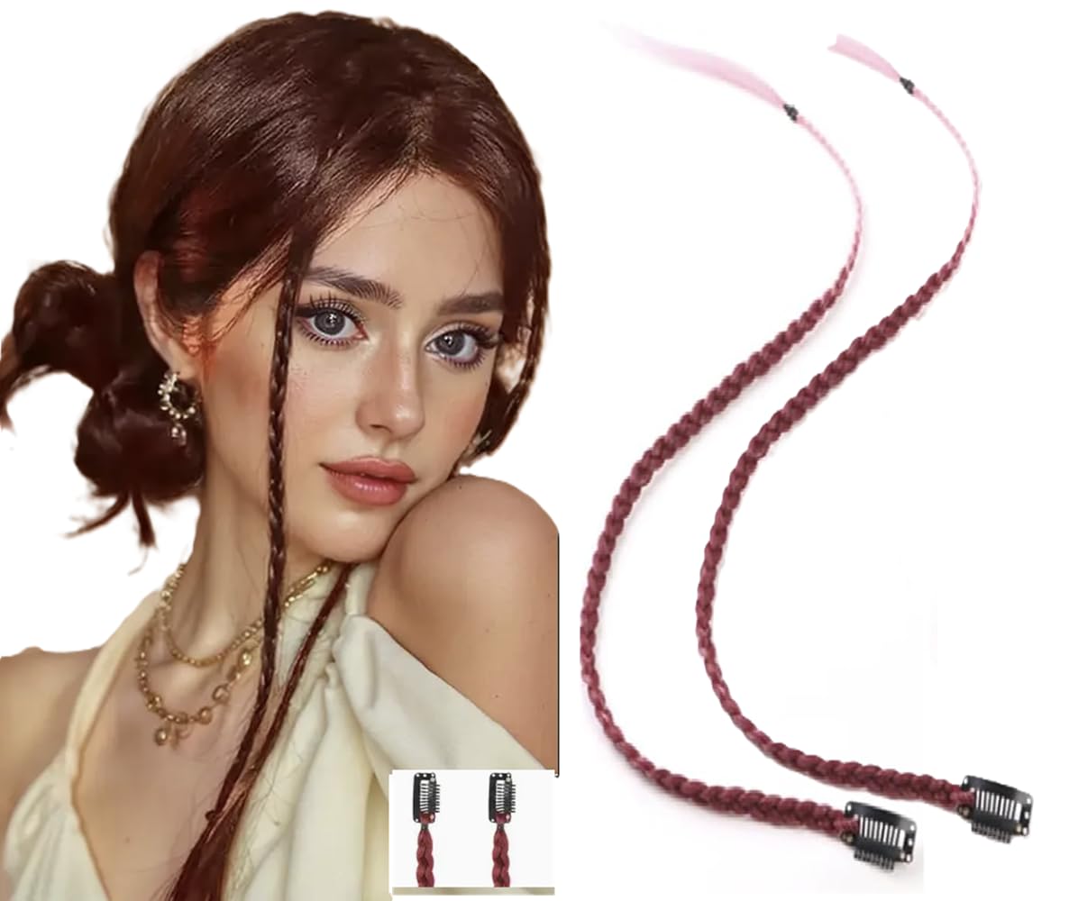 2 x Clip-In Hair Extension Highlights Streaks, Colourful Hair Highlights (Braid - Burgundy/Pink), Braid - Burgundy / Pink, 20 inches