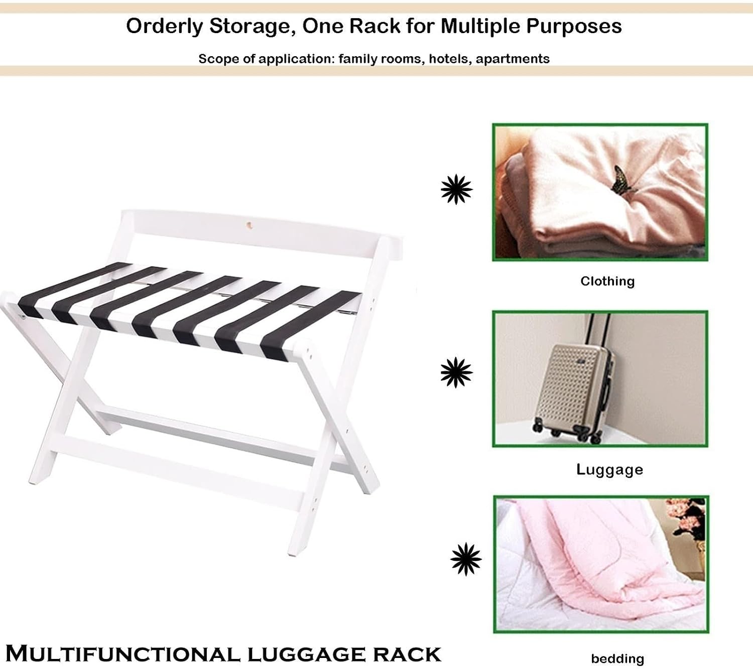 Wooden Folding Luggage Rack - Suitcase Stand, White Double Layer Luggage Rack, Solid Wood Hotel Suite Suitcase Rack, Folding Shoe Rack with Nylon Straps, Luggage Storage