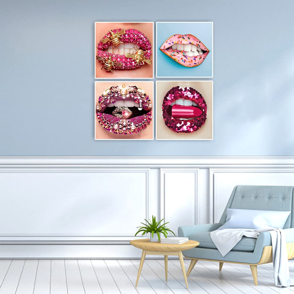 DCIDBEI Diamond Painting 5D 4 Pezzi 30x30cm, Kit Labbra Colorate E Moda Donna, Mosaico Rotondo Fai Da Te Per Adulti - 3