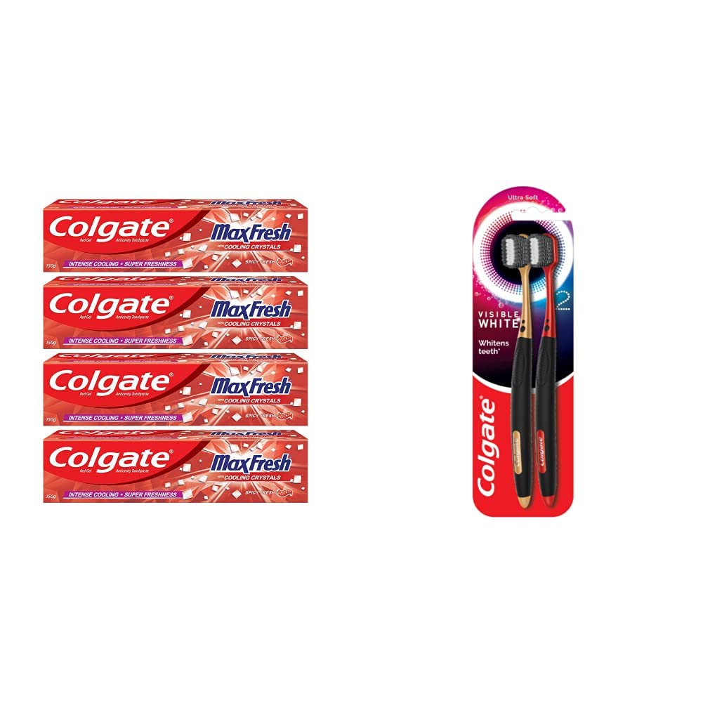 Colgate MaxFresh Bad Breath Toothpaste & Visible White O2 Toothbrush, Red Gel Paste With Menthol For Super Fresh Breath, Spicy Fresh, 600g (150g x 4), 2pcs