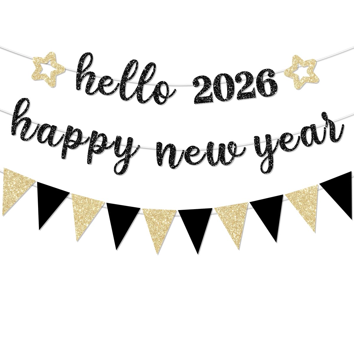 Hello 2026 Happy New Year Banner Decorations Pre-Strung Glitter Black Eve Party Supplies Sign for NYE Party Supplies Decorations Black NI DIY
