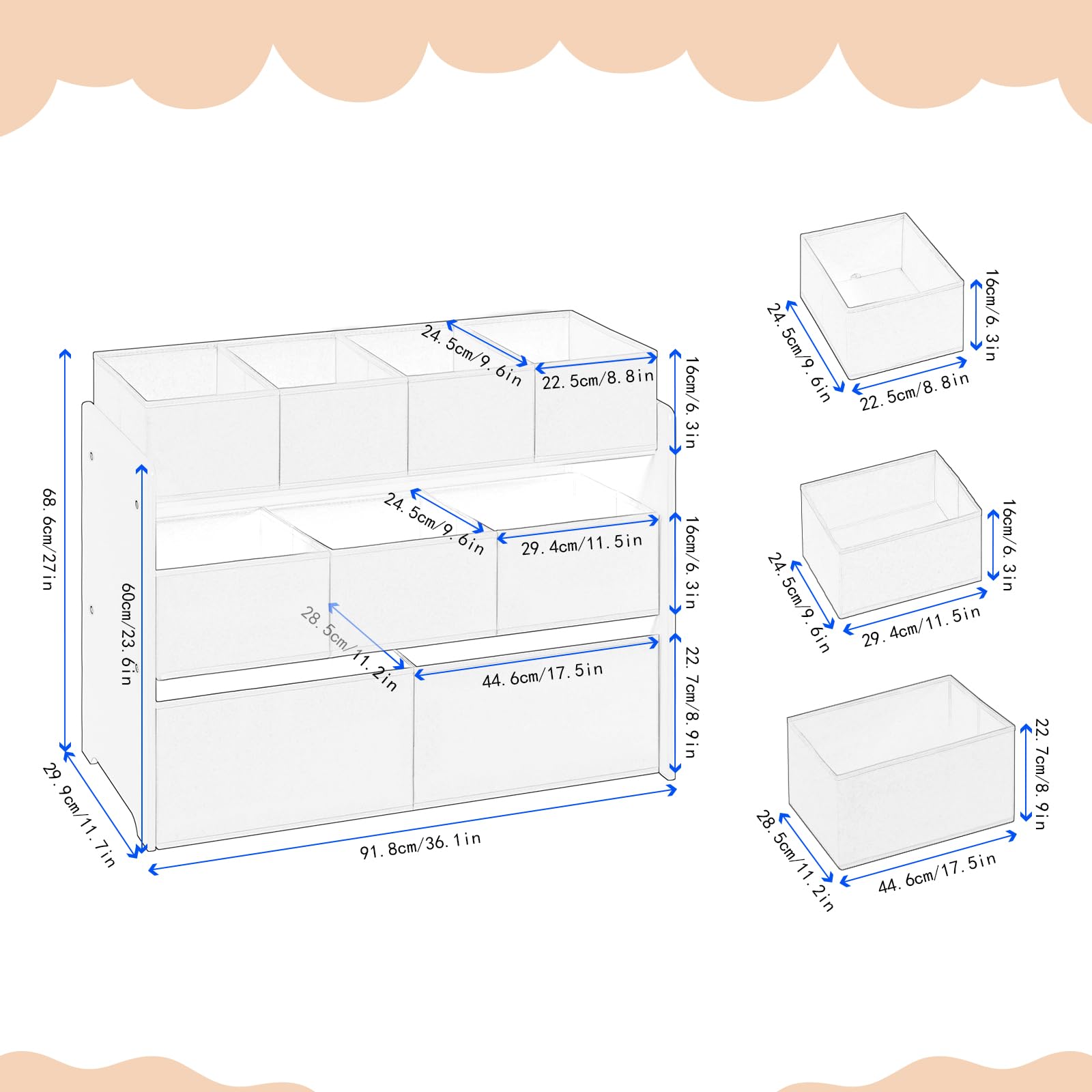 Lestarain Meuble Rangement Enfant, Rangement Jouet Enfant, 9 Boîtes Amovible en Tissu Non-tissé, Blanc, 92x30x60/68cm