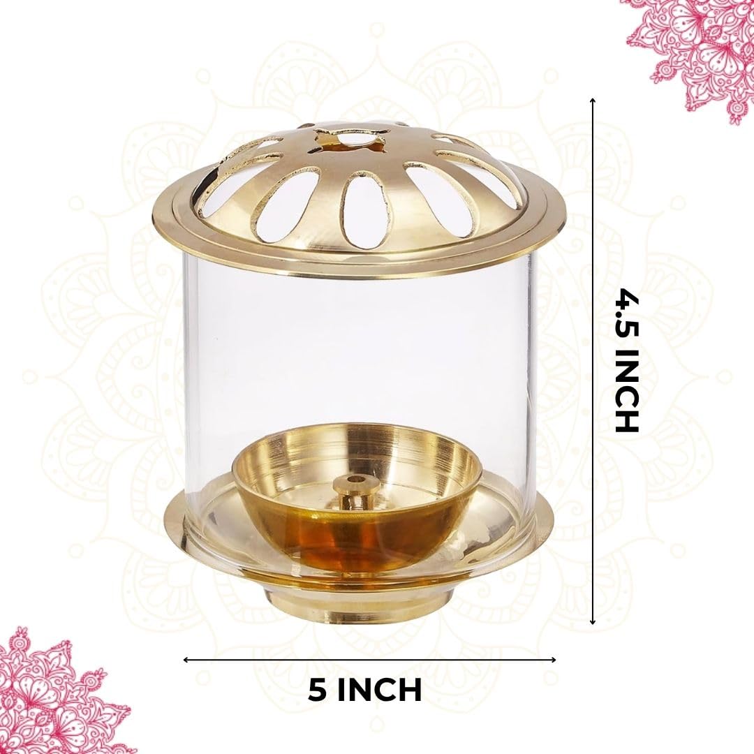 Klassic 4.5 Inch Swastik Akhand Diya with Borosilicate Glass Shade | Pure Brass Oil Lamp for Mandir, Daily Puja, Prayer Room Decor, Festive Decoration & Gifting 1