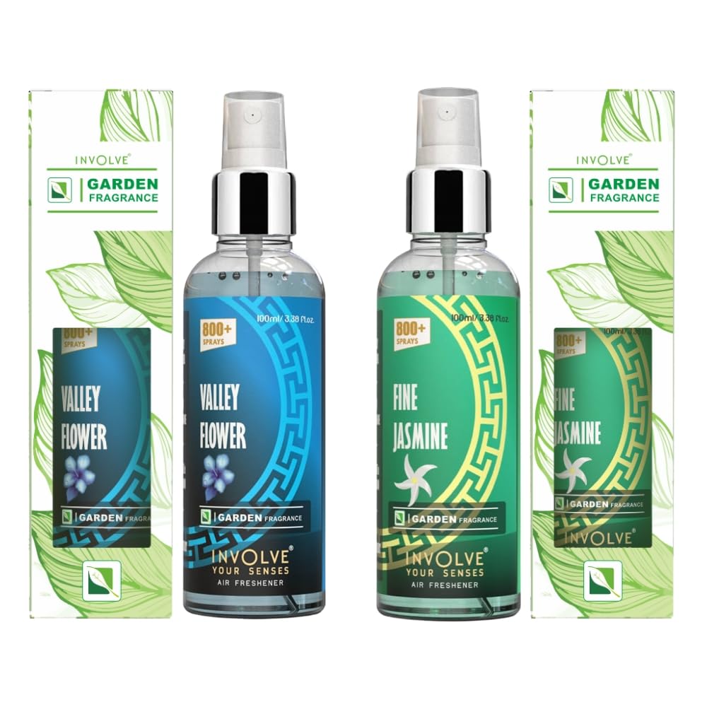 Involve Garden Fragrance Air Freshener Spray for Car/Home/Office - fine Jasmine & Valley Flower-Combo (Pack of 2, 100ml each)