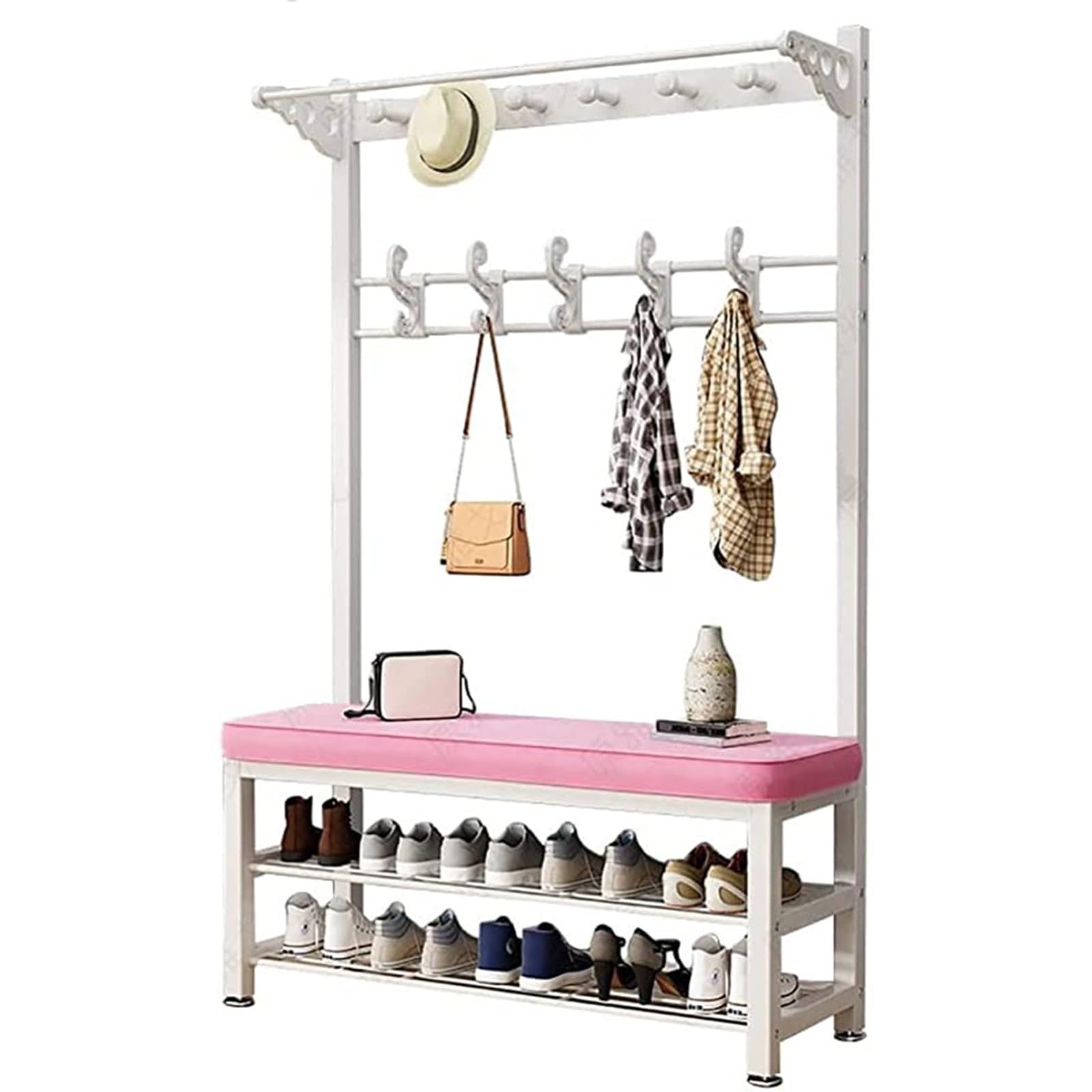 LWJSOCP 4 in 1 Hallway Coat Rack & Shoe Stand Entryway Furniture with 8 Hooks 2 Tier Shoe Rack Bench Stylish Coat & Shoe for Home Entrance