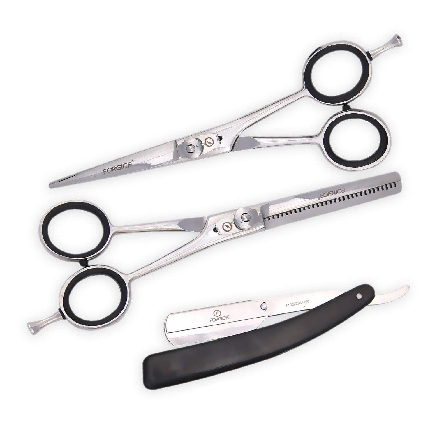 Hair Cutting Scissors Set Straight Edge Razor Red Barber Scissors Blue Barber Scissors Black Hairdressing Scissors (Silver)