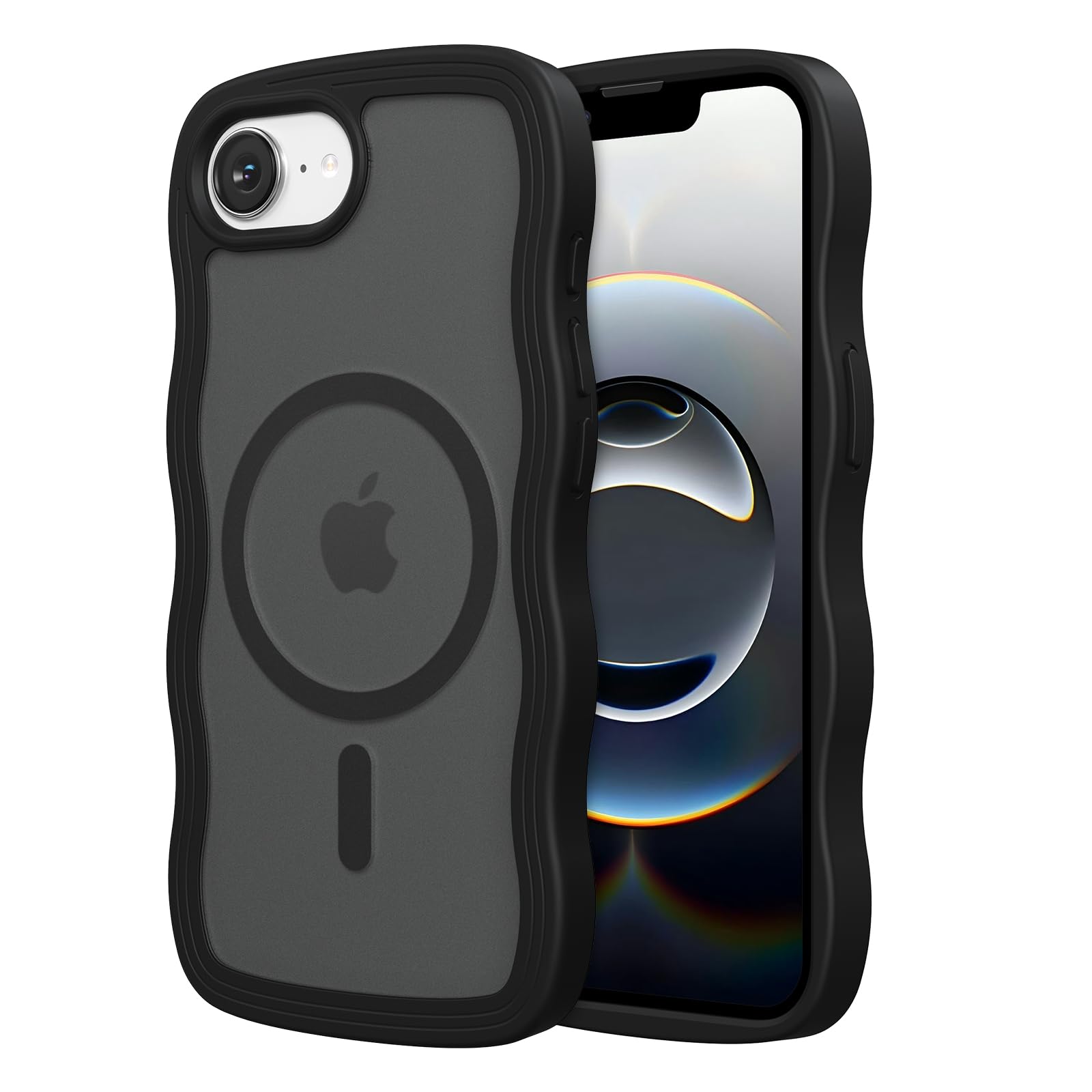 ZTOFERA iPhone 17e / iPhone 16eケース用,【MagSafe対応】キュートなウェーブの半透明マットスマホケース 女性用 女の子用 男性用 iPhone 16e/17eケース,ブラック