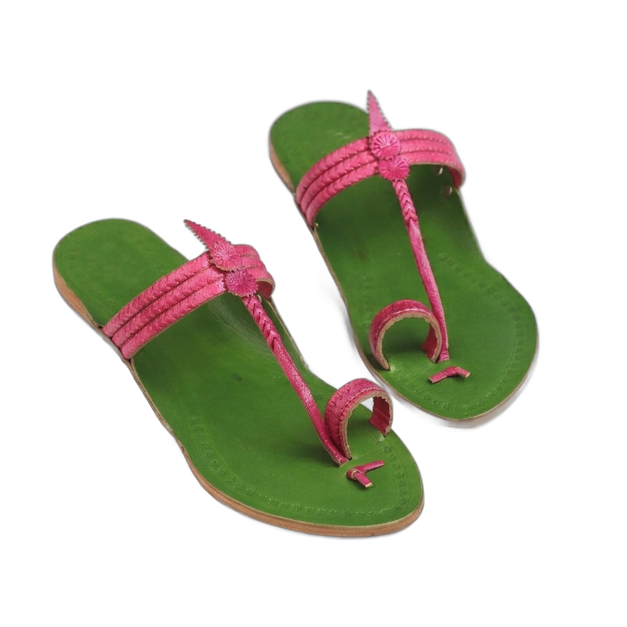 Gulnaar Women's Kolhapuri Chappal for Women | Genuine Leather Handmade GI-Tagged Ethnic Sandals | Green & Pink Flat Slippers for Casual & Office-image-4