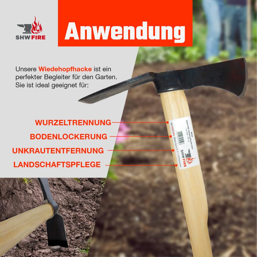 SHW-FIRE | Azada wiedehopf pequeña con hoja ancha, acero especial forjado a mano, mango de madera de fresno de 135 cm, azada de jardín como herramienta de jardín y removedor de raíces - azada con