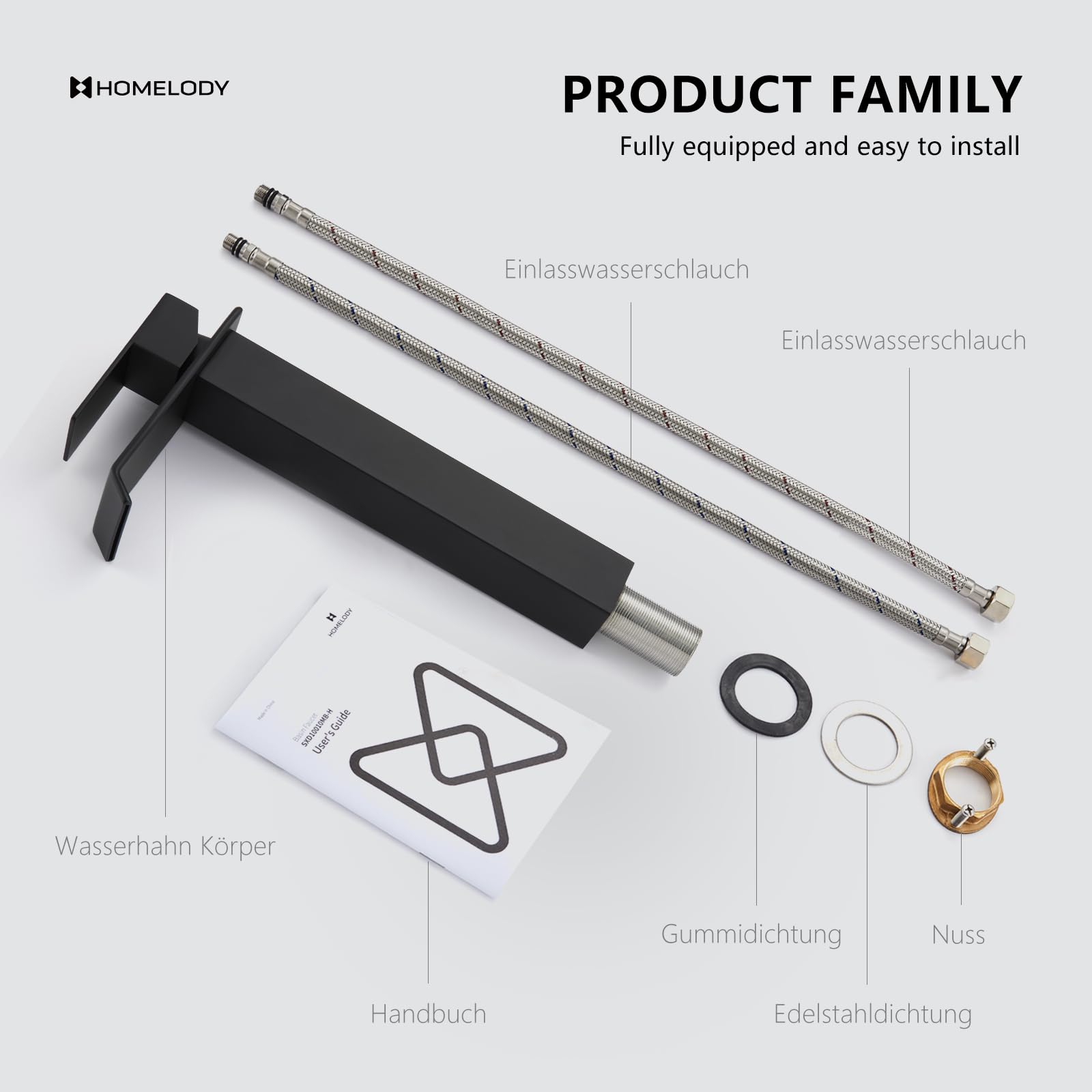 HOMELODY Wasserhahn Bad Schwarz, Wasserfall Einhandmischer Mischbatterie Waschbecken Waschtischarmatur mit Auslauf Höhe 247MM, Energiesparend Armatur Badezimmer, Eckig