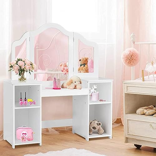 HONEY JOY Vanidad para niños, juego de tocador para niñas pequeñas con espejo triple plegable, tocador de madera de princesa, tocador para niños,