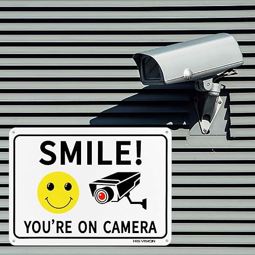Miniatura 7 de Cartel de "Smile You're on Camera", paquete de 2 letreros de videovigilancia, señal de advertencia de aluminio de 10 x 7 pulgadas, protección UV,