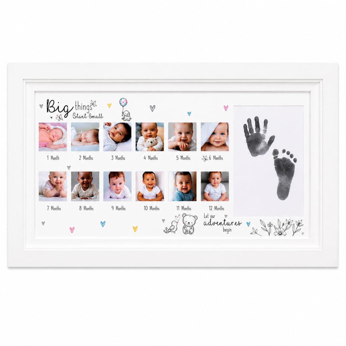 Baby First Year Keepsake Photo Frame with Hand & Footprint Kit, Multi Aperture Monthly Picture Display, White Nursery Frame, Wall Mount or Freestanding Newborn Gift, Baby Shower Memory Frame