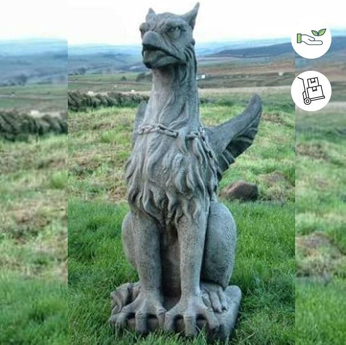 DGS STATUES Stone Cast, Grotesque, Sitting Proudly Winged Griffin Gargoyle, Very Large, Hand