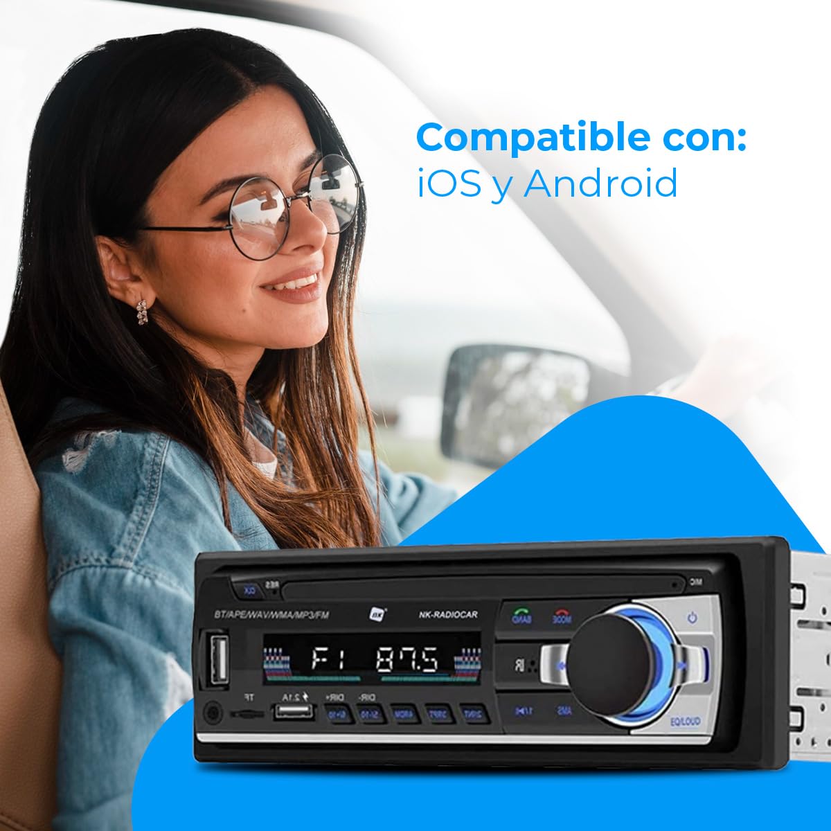 Radio samochodowe NK Auto - 1 DIN - 4x40W - Bluetooth 4.0, AUX, odtwarzacz MP3 i podwójny port USB, dźwięk stereo FM, zestaw głośnomówiący, pilot zdalnego sterowania, wyświetlacz LCD, iOS & Android