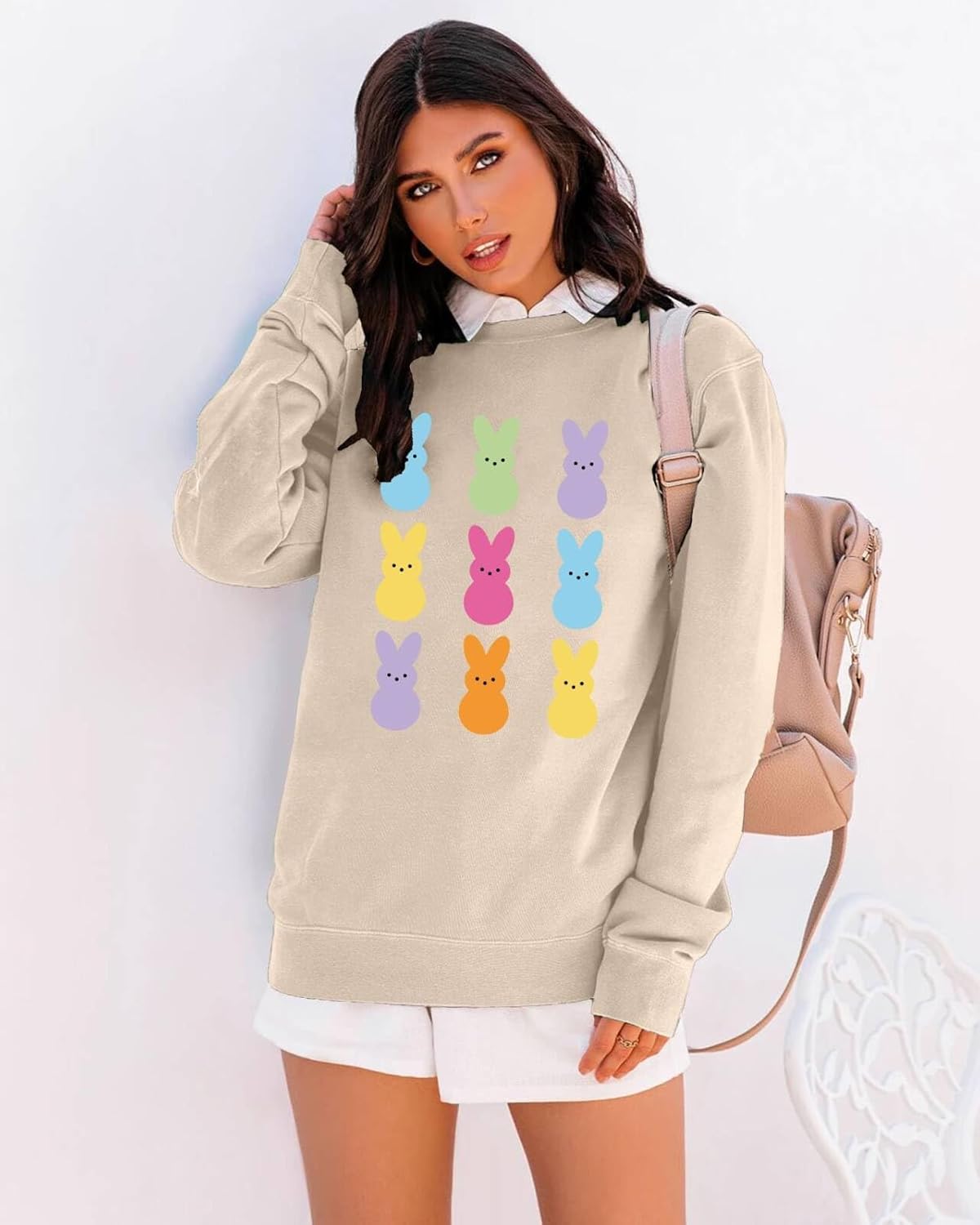 Easter Bunny Sweatshirt Women Long Sleeve Cute Rabbit Bunny Peeps Graphic Tees Happy Easter Pullover Tops - Image 2