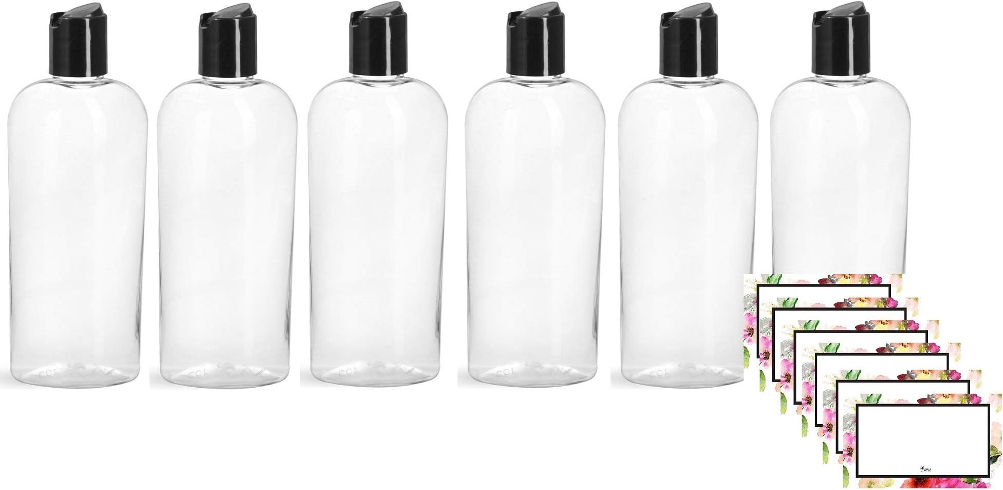 6 oz Clear Cosmo Oval Plastic BAIRE BOTTLES, Black Disc Top Caps 6 Pack, Bonus 6 Floral Waterproof Labels