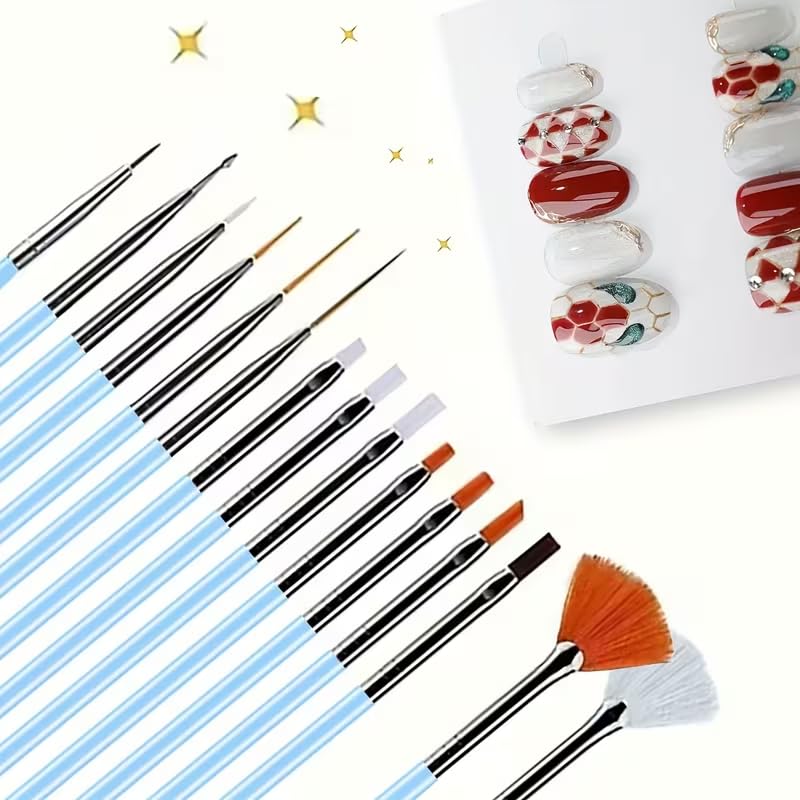 20pcs Nail Art Brush Set Professional Nail Design Brushes for Gel Polish, Acrylic Painting, Dotting and Carving, Flat Fan Liner Detail Nail Brushes Manicure Nail Tools Kit