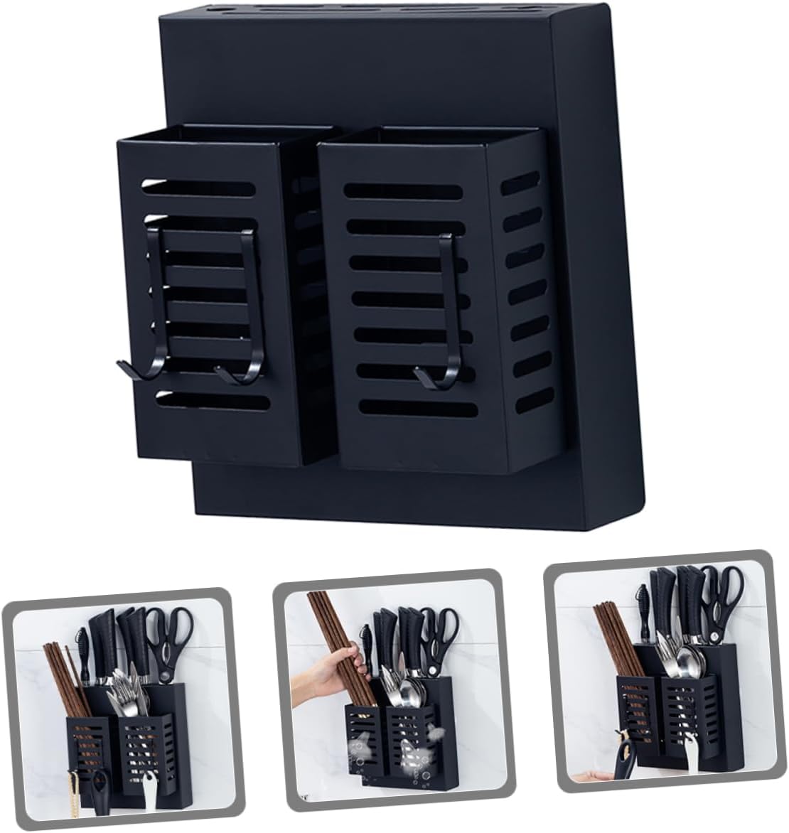 LABRIMP Stainless Steel Cutlery Holder Wall Mounted Kitchen Shelf with Hooks Space Saving Storage Rack for Utensils and Kitchen Tools and Black