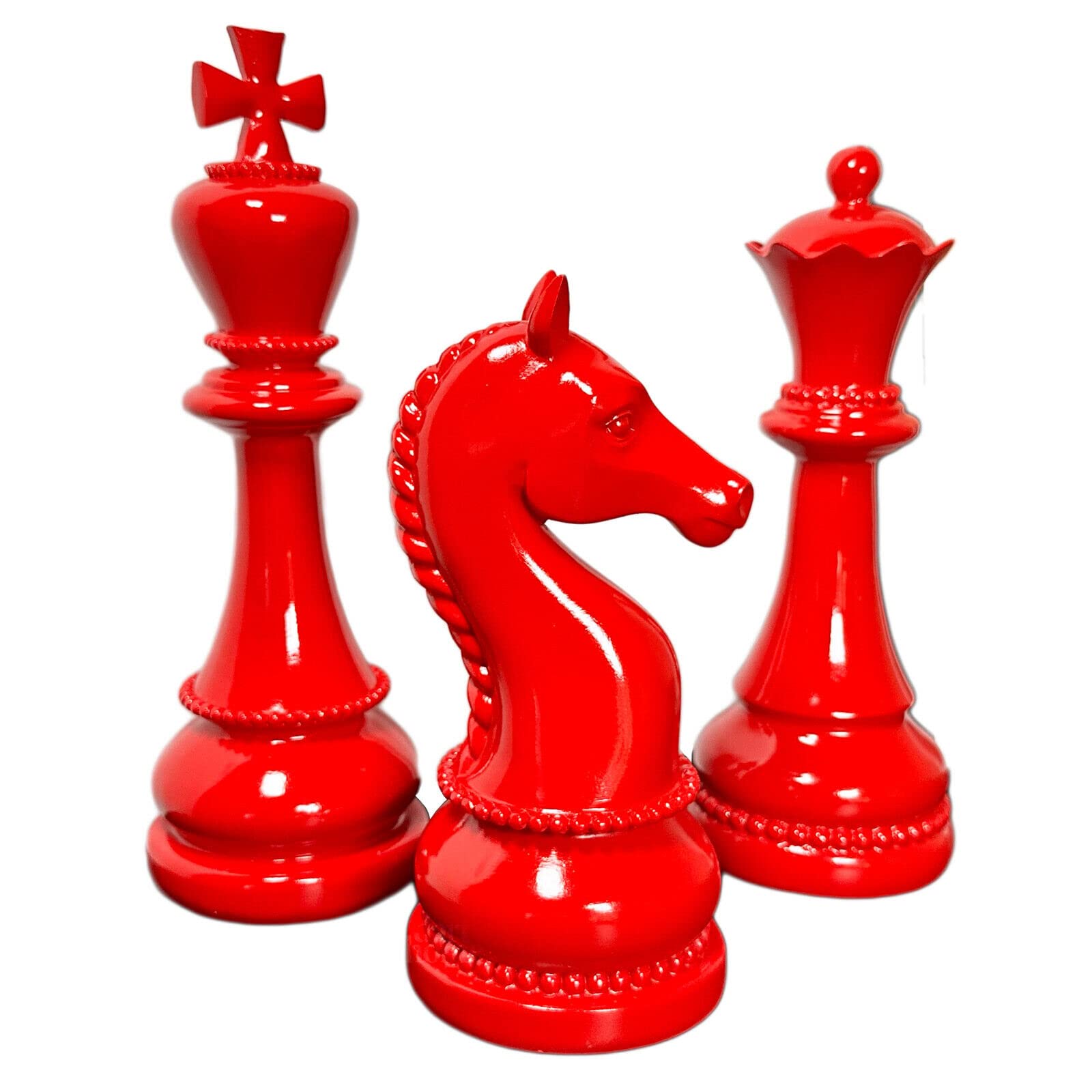 Darthome 3pc Giant Chess Statues Glossy Red King Queen Knight Pieces Resin Sculpture Set