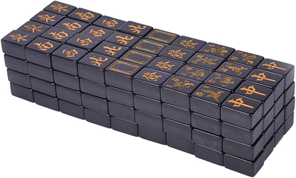 VSOLS Black Gold Mahjong Standard Set Full Size Large Cute 40mm Chinese Traditional Family Games Chess Decoration Color Red