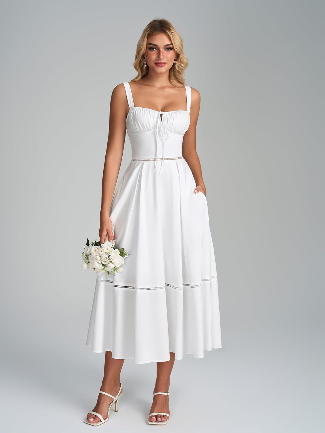 KUTUMAI Floral Corset Midi Dress Lace Up Cutout Flowy Summer Wedding Guest Dresses for Women Sundress with Pockets - Image 2