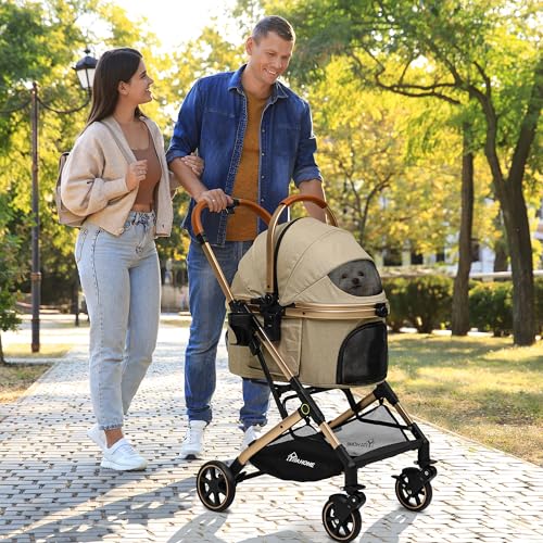YITAHOME Hundewagen 3 in1 Hundebuggy Transporttasche, Faltbar klappbar Katzenwagen, Bis 15,9kg, 360°Verschleißfeste Gummiräder, Ablagekorb, Netzfenstern Getränkehalter, für Hunde & Katzn (Beige)