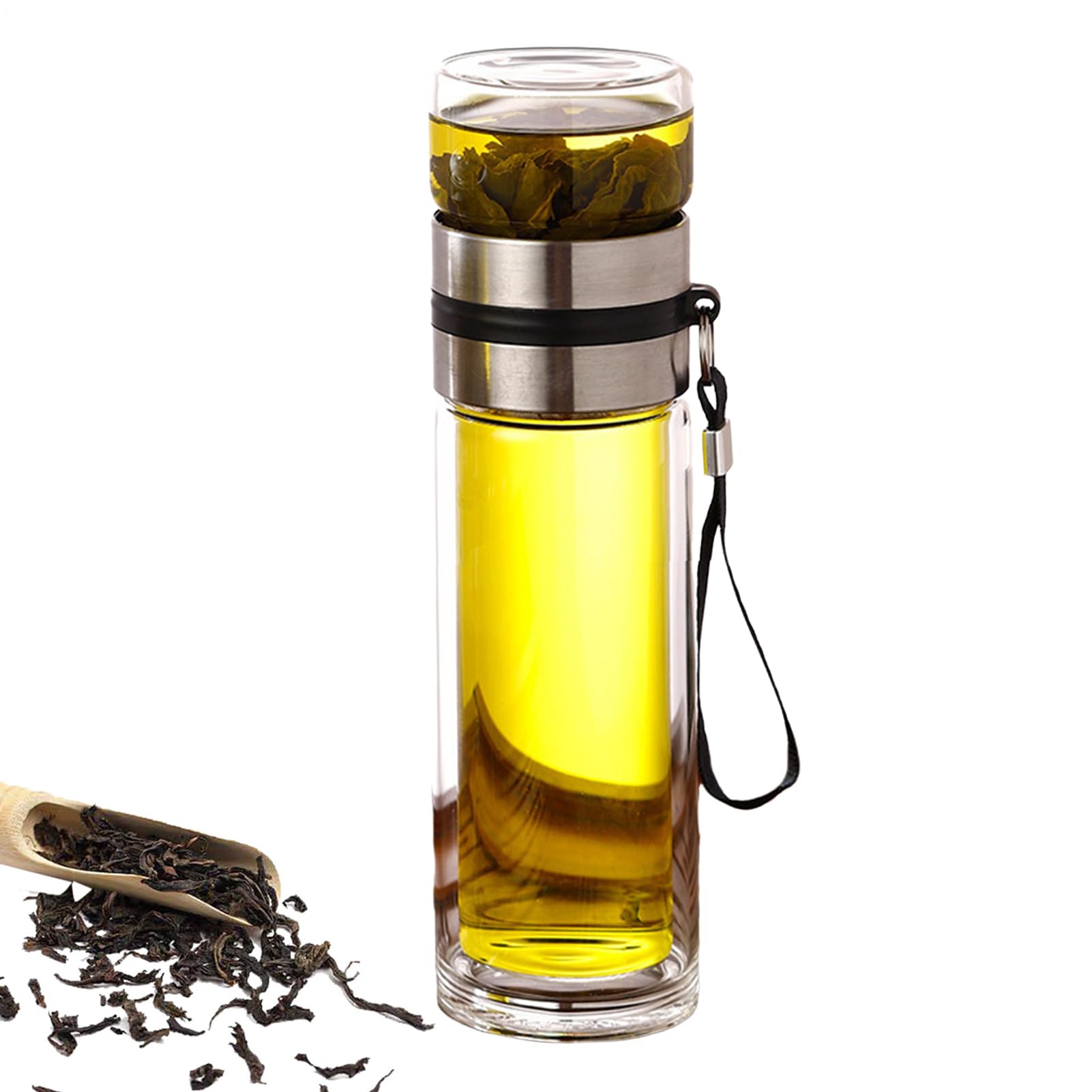 Glass Tea Infuser Bottle – Tea Brewing Water Bottle, Clear Heatproof Glass Flask, Removable Steel Filter, Secure Lid | Ideal for Travel, Office, Gym, Yoga, Home Use, Workdays, Everyday Drinking