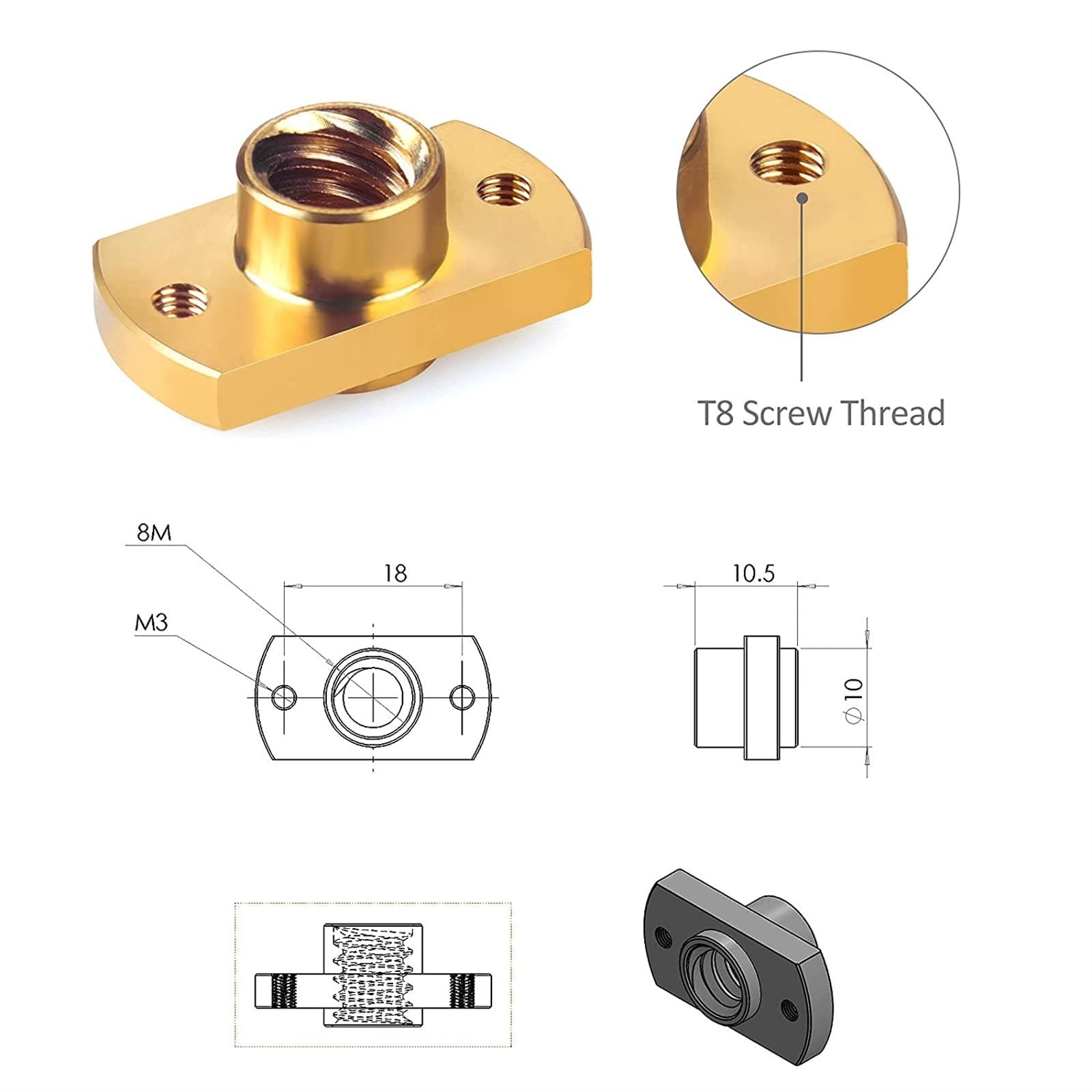 Spindelsteigung Tr8x8 Leitspindelstange, 365 mm Länge, T8-Gewinde, 2 mm Steigung, 8 mm Blei-Trapezstange mit Messingmutter for Z-Achsen-Upgrade Wellenmutter
