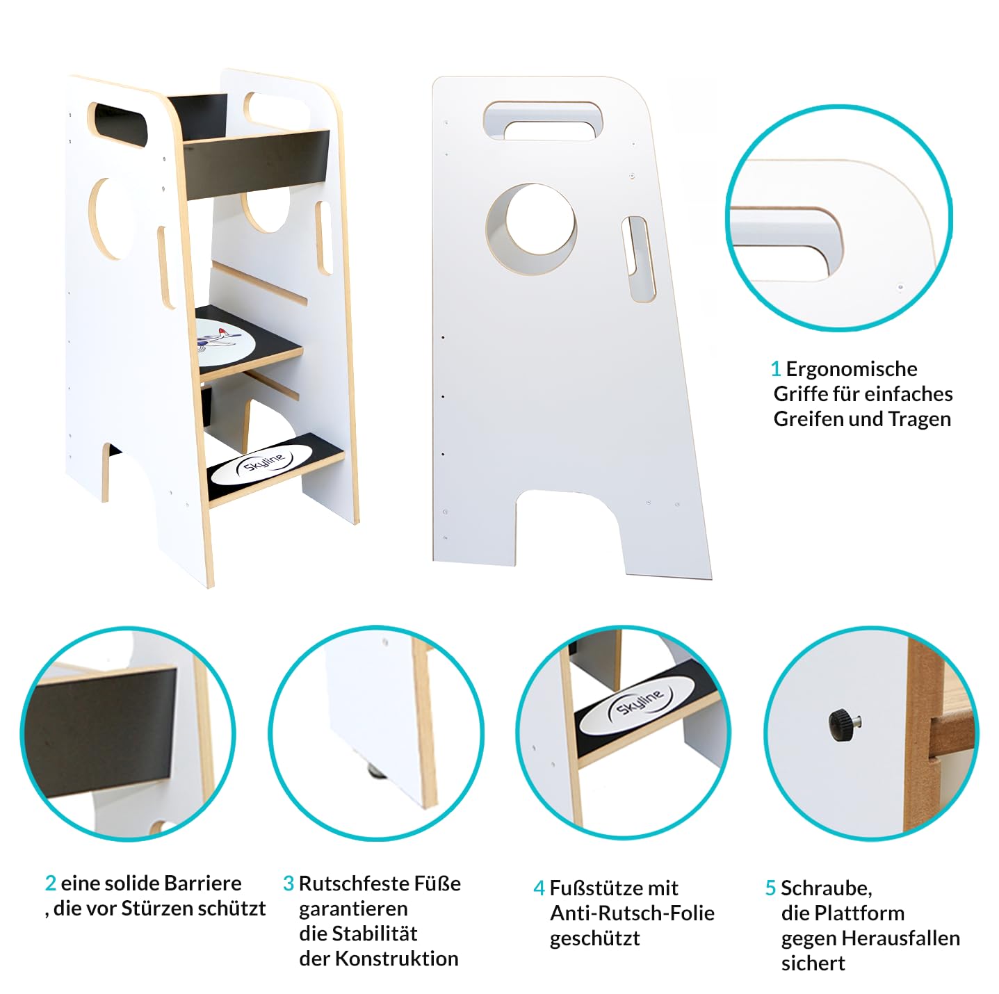Skyline Torre di Apprendimento Libreria Montessoriana per Bambini Scaletta Pieghevole Tavolino Sedia Torretta Pieghevoli Scrivania Sgabello Tavolo Kitchen Helper Learning Tower bianco/nero